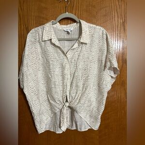 Nine West Cream Printed Tie-Front Button Blouse